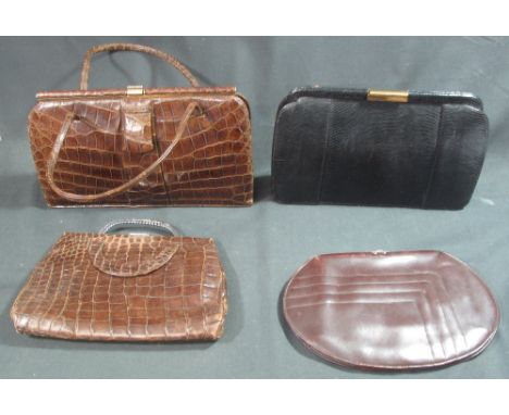 Collection of vintage handbags to include; two crocodile skin, one by Geoffrey Richard handbags with suede lining and comb, t