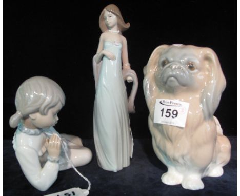 Lladro Spanish porcelain figurine of a lady in dress, together with a Spanish porcelain seated Pekingese dog and a Nao porcel