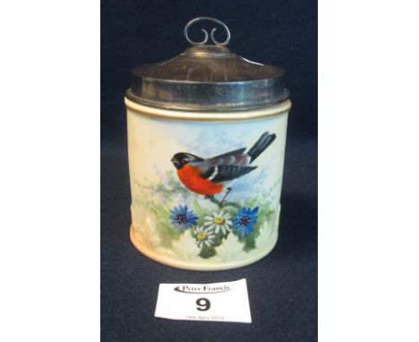 Locke and Co Worcester porcelain marmalade pot hand painted with bullfinch amongst foliage and having plated lid, 7cm high ap