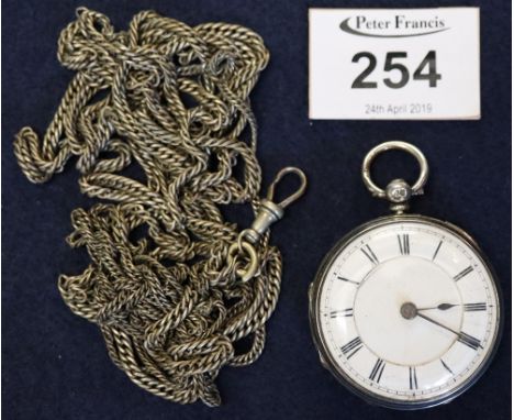 Silver open faced keyless pocket watch with white enamel Roman face, together with white metal rope twist chain. (B.P. 24% in