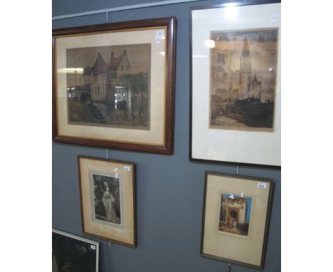 Four coloured and uncoloured etchings or engravings: three architectural studies and one portrait. Framed and glazed. (4)(B.P