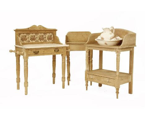 Three Victorian stripped pine washstands, one with a marble top, plus a china jug and basin set