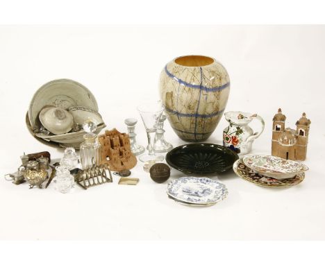 A collection of mixed pottery, a Whitefriars commemorative goblet, scent bottles, condiments, etc.