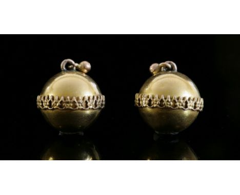 A pair of Victorian, gold, Etruscan-style globe drop earrings,with a central applied gallery to a bloomed ground with later p