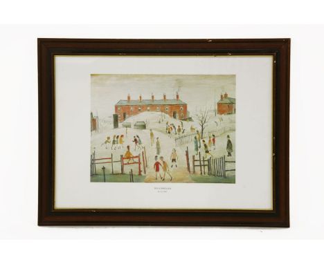 After L S Lowry (British, 1887-1976)THE SCHOOLYARDOffset lithograph printed in colours, 1951, framed, frame size 52 x 70cm