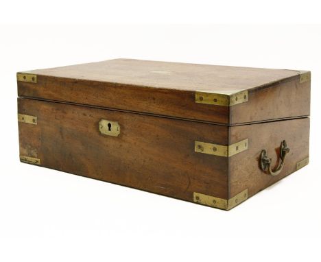 A mahogany and brass bound writing slope, containing a number of sewing tools, the box 36cm wide