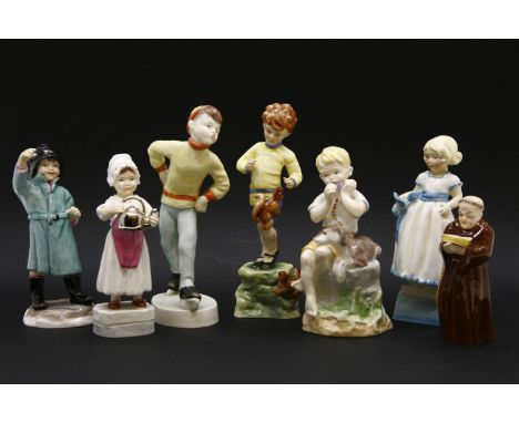 Seven various Royal Worcester porcelain figures, Mondays Child, Tuesdays Child, February, October, June, Polly put the kettle