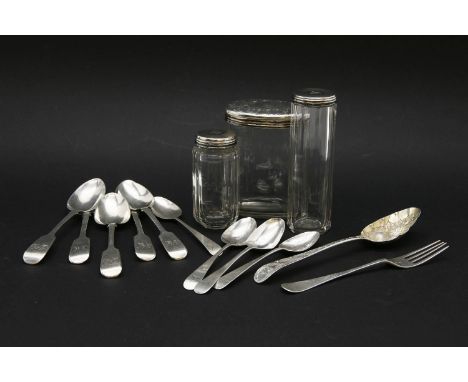 A George III silver berry spoon,by Hester Bateman, London 1786, a set of five Victorian teaspoons, a set of four silver teasp