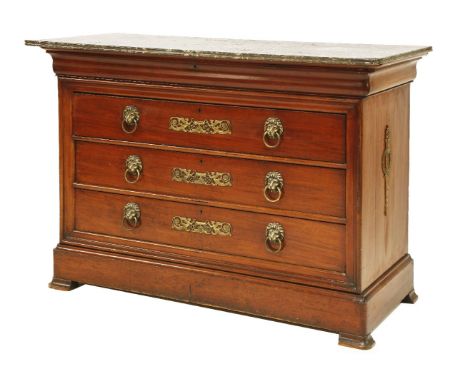 A Louis Philippe mahogany commode, with a grey marble top, a cushion frieze drawer and three further drawers, with pierced br