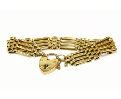 An Edwardian four row gate link bracelet with padlock, marked 9c23.39g