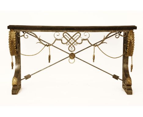 A wrought iron and faux marble topped console table, with scrolling supports, 160 x 40 x 85cm
