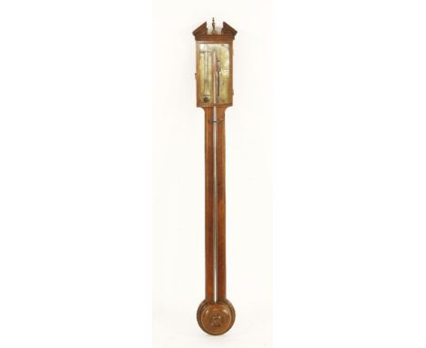 A George III mahogany inlaid stick barometer, the broken arch pediment centred with an urn, over a brass register, inscribed 