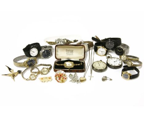 A collection of costume jewellery and watches, to include a Lucite floral brooch, a collection of costume brooches, and an Am