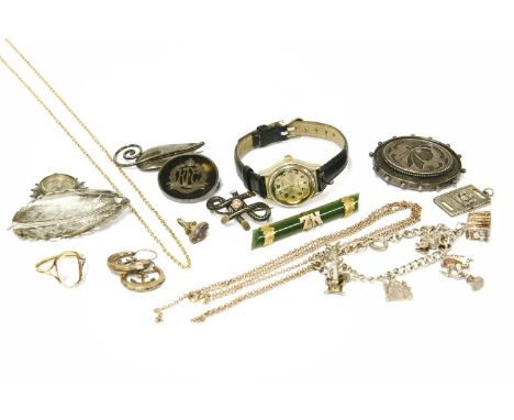 A collection of costume jewellery, to include a pair of gold anchor earrings (tested as 9ct gold) 1.57g, a nephrite bar with 