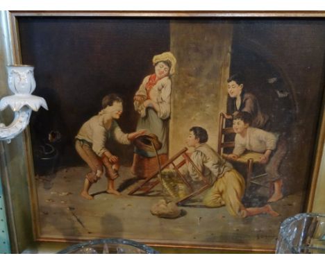 Indistinctly signed, possibly South African, a group of children playing, oil on canvas (39cm x 48cm) in a gilt frame.