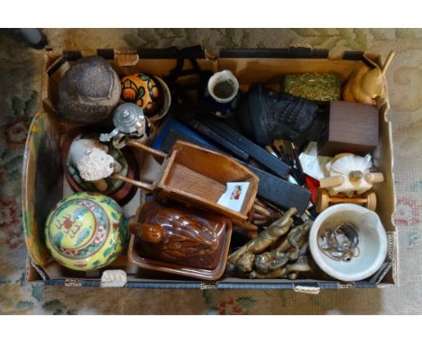 A box containing a mixed lot to include: a Poole Pottery owl, an Oriental ginger jar, gilt cherubs, technical drawing instrum