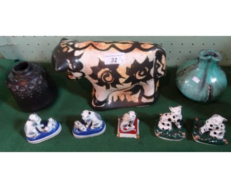 A Celtic Pottery, Newlyn ceramic bull, together with two pieces of studio pottery and five miniature animal porcelain figure 