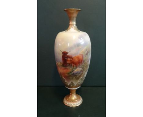 Harry Stinton, for Royal Worcester, an early 20th century baluster vase with hand painted decoration, featuring Highland catt