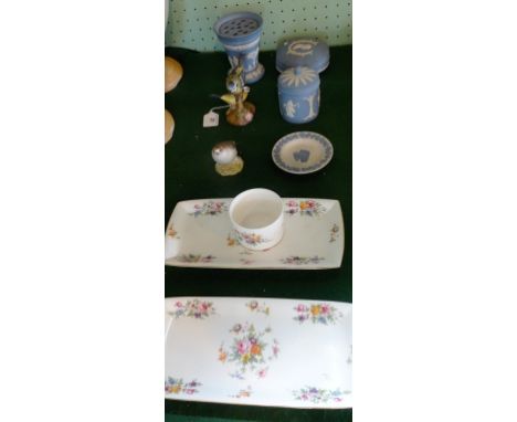 Four items of Wedgwood Jasperware, together with a Royal Worcester bird figurine and another by Aynsley, two rectangular Mint