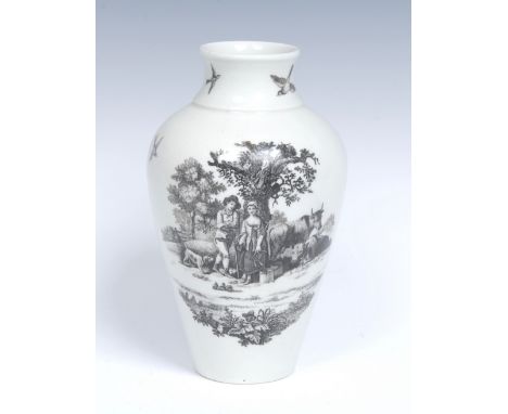 A Worcester Rural Lovers pattern tapering ovoid vase, printed in monochrome with an engraving after  Robert Hancock, with a b