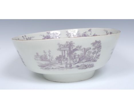 A rare Worcester punch bowl, printed in deep lilac with Robert Hancock prints, the interior with The Amphitheatre, with ruins