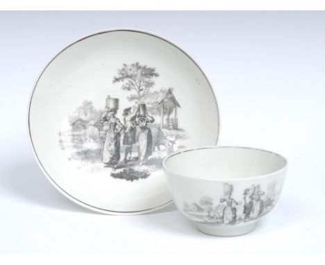 A Worcester Milkmaid pattern tea bowl and saucer, printed in black after Robert Sayer, engraved by Robert Hancock, the saucer