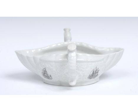 A Worcester double lipped moulded sauce boat, double scroll handles, flattened oval thumb rests, shell moulded lips, moulded 