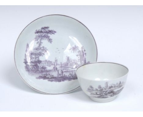 A Worcester tea bowl and saucer, printed in purple after Robert Hancock, with The Signal Tower, a harbour scene with a signal
