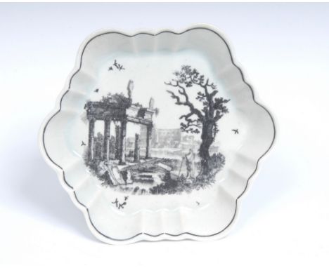 A Worcester Ruin pattern shaped hexagonal teapot stand, printed in black after Robert Hancock, with a gentleman standing by a