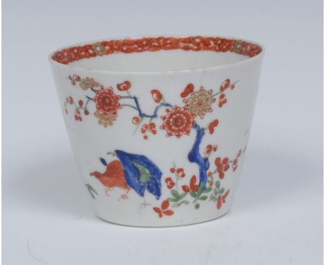 A Worcester Quail pattern beaker, of conical form, painted in the Kakiemon colours with two quail under a blossoming prunus t