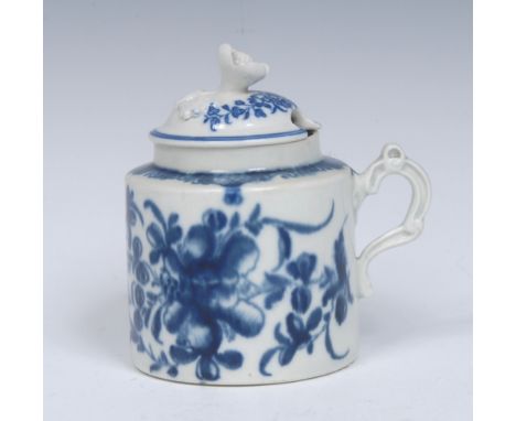 A Worcester Mansfield pattern cylindrical  wet mustard pot and cover, painted with leafy peony sprays, a formal border of hat