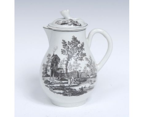 A Worcester The Decoy pattern baluster milk jug and cover, printed in monochrome after an engraving by Robert Hancock , with 