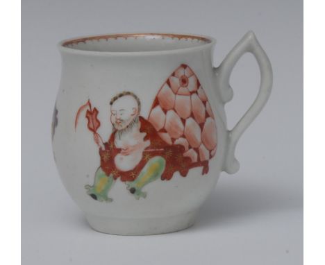 A Worcester Pu Tai pattern bell shaped coffee cup, wishbone handle, painted with a pot bellied monk seated by a rocky mound w