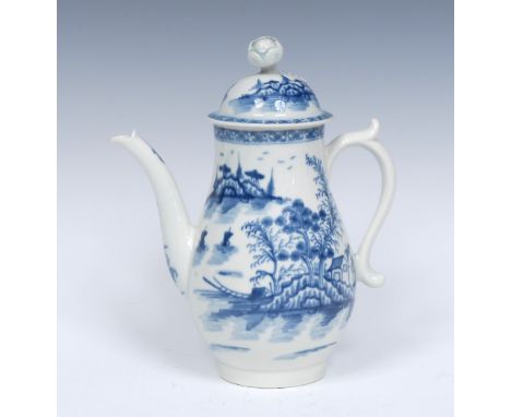 A Worcester Rock Strata Island pattern small pear shaped coffee pot and cover,  scroll handles,  painted in cobalt blue with 