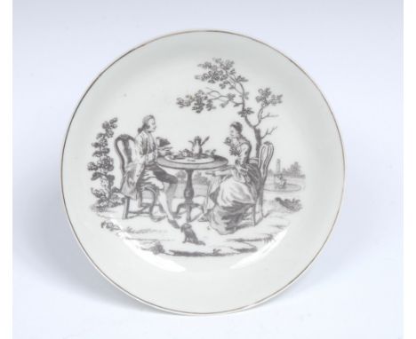 A Worcester 'The Tea-Party' No. 3 pattern saucer,  printed in monochrome after an engraving by Robert Hancock, third version,