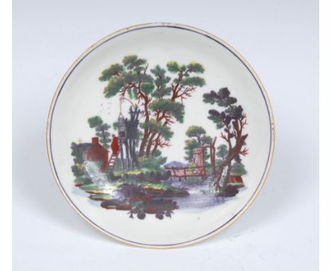 A Worcester 'The Bird-Coop' saucer, printed after an engraving by Robert Hancock, with a girl on a ladder closing the door of