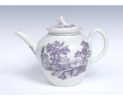 A Worcester tapering ovoid pattern teapot and cover, faceted spout, the domed cover with a flower spray knop, printed after R
