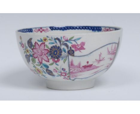 A Worcester sugar bowl, uniquely decorated  in bold blue and pink enamel flowers and an open scroll, depicting a lakeside sce