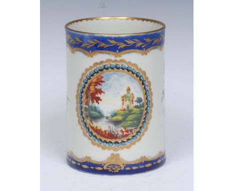 A Worcester large cylindrical Dalhousie type pattern mug, decorated with a  cartouche of a river scene with a castle and boat