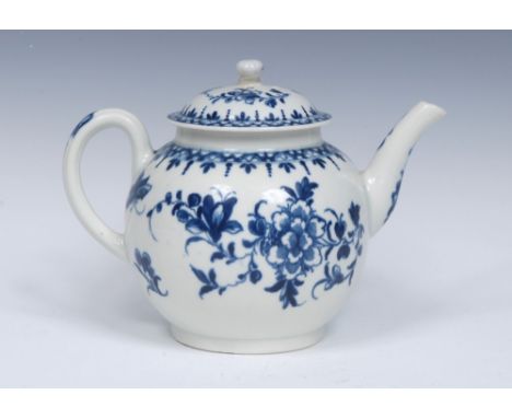 A Worcester Peony pattern globular teapot and cover, painted in blue with peonies and moth, banded border with tendrils, dome