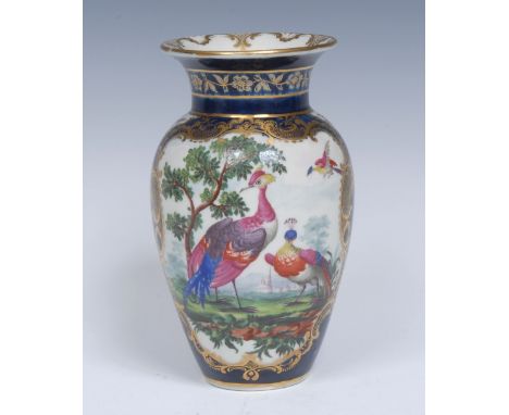 A Worcester ovoid vase, brightly painted with two Fancy Birds standing in a landscape, another in flight, within a gilt C- sc