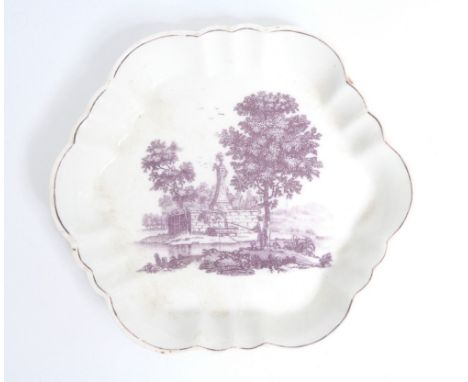 A Worcester shaped hexagonal teapot stand,  printed in rare sepia with a version of Robert Hancock's Ruins, with a gentleman 
