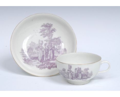 A Worcester Milkmaids pattern teacup and saucer,  printed in puce after Robert Sayer, engraved by Robert Hancock, the saucer 
