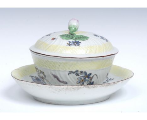 An unusual Worcester wrythen moulded sugar bowl/cream bowl, cover and stand,  decorated in the studio of James Giles, decorat