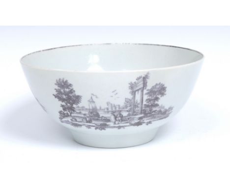 A Worcester The Anchorage pattern bowl,  printed with three engravings after Robert Hancock, in purple with a nautical scene 