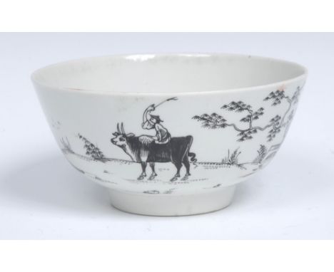 A Worcester Boy on a Buffalo pattern  bowl, pencilled in monochrome with a continuous landscape with boy riding a buffalo, st