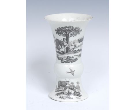 A Worcester 'The Milking Scene' No. 1 trumpet shaped vase, printed in monochrome with an engraving after Robert Hancock, with