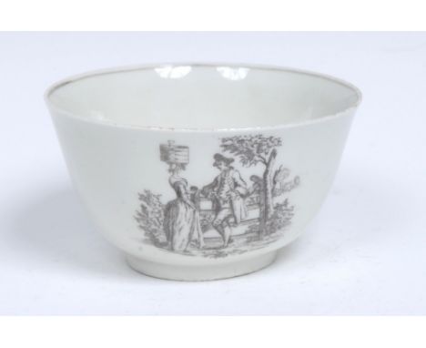 A Worcester Milkmaid at Gate pattern tea bowl, printed in black after an engraving by Robert Hancock, with man  standing by a