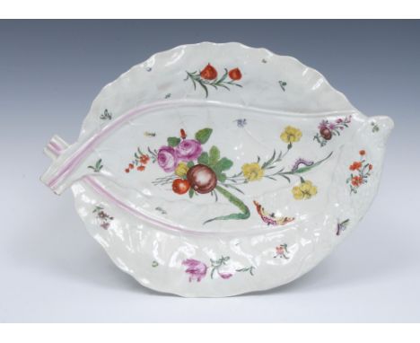 A Worcester Leaf dish, decorated in the atelier of James Giles, moulded with two overlapping leaves, painted with a colourful