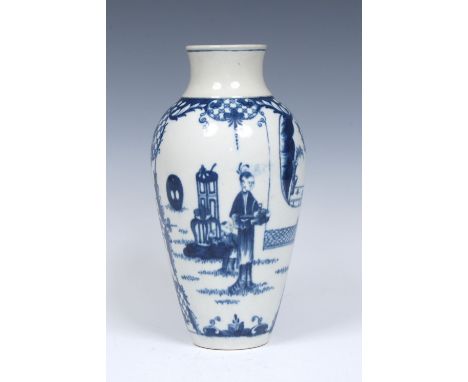 A Worcester Telephone Box pattern ovoid vase, painted in cobalt blue with figures in a garden by a fence, vases and stands ne